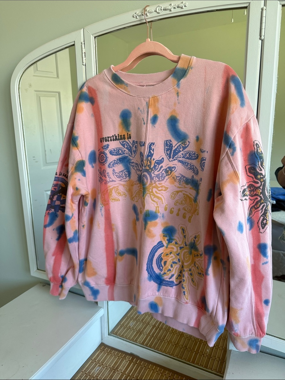 Urban Outfitters Pink Tie-Dye Crewneck with Blue & Yellow Graphics
